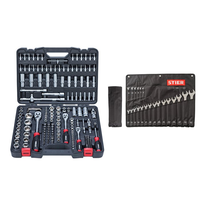 Set STIER Clés à douille 1/4, 3/8-1/2 pouce, 179 pièces + Clés mixtes SW6-32mm 21 pièces