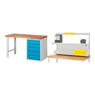 Set STIER Werkbank Premium mit 5 Schubladen BxTxH 1500x700x890mm RAL 7035 /...
