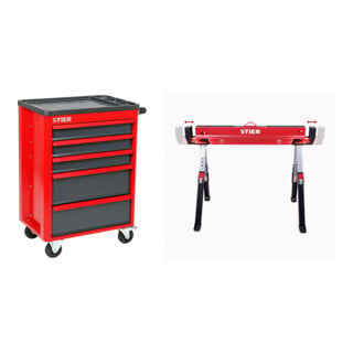 Set STIER Werkstattwagen Basic mit Kunststoffabdeckung leer + Premium Klapp-Sägebock höhenverstellbar mit Spannmodul 590 kg