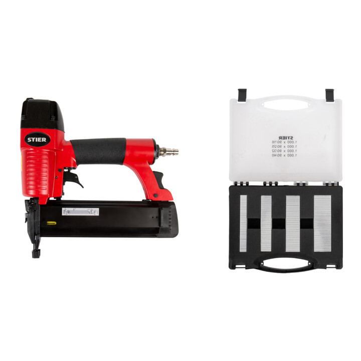 Set STIER Druckluftnagler SKN-15/50, Stauchkopfnägel 15-50mm+Heftklammern Typ90