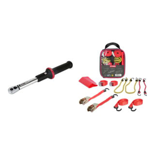 Set STIER Drehmomentschlüssel mit Umschaltknarre 1/4" Aufnahme 5-25 Nm + Spanngurte-Set 9-teilig, TÜV/GS geprüft nach DIN EN 12195-2
