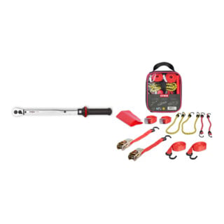 Set STIER Drehmomentschlüssel mit Umschaltknarre, 1/2 Zoll, Aufnahme 40 - 200 Nm + Spanngurte-Set 9-teilig, TÜV/GS geprüft nach DIN EN 12195-2