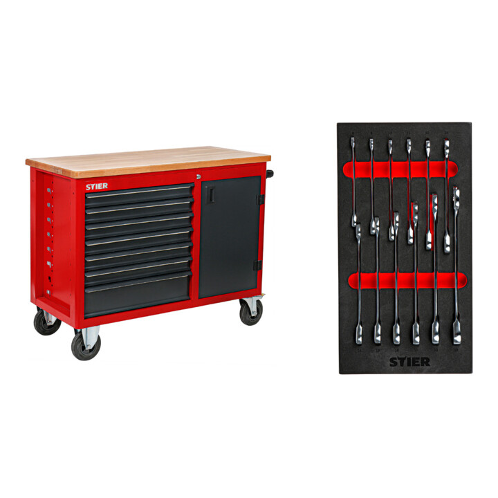 Set STIER Fahrbare Werkbank+ Maul-Ringratschenschlüssel SW8-19 mm,12er