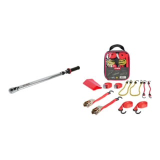 Set STIER Drehmomentschlüssel mit Umschaltknarre 1/2" Aufnahme 80-400 Nm + Spanngurte-Set 9-teilig, TÜV/GS geprüft nach DIN EN 12195-2