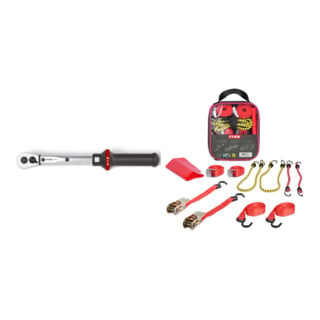 Set STIER Drehmomentschlüssel mit Umschaltknarre 1/2" Aufnahme 10-50 Nm + Spanngurte-Set 9-teilig, TÜV/GS geprüft nach DIN EN 12195-2