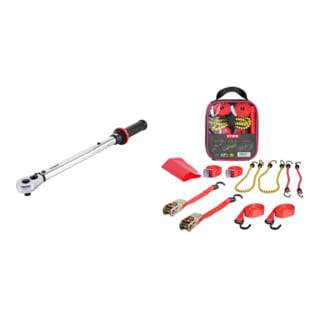 Set STIER Drehmomentschlüssel mit Umschaltknarre 1/2" Aufnahme 20-100 Nm + Spanngurte-Set 9-teilig, TÜV/GS geprüft nach DIN EN 12195-2