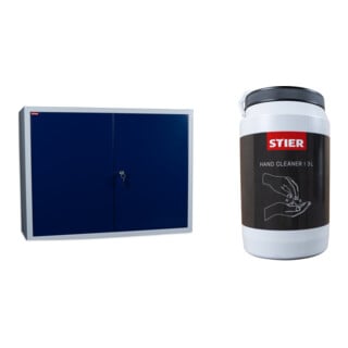 Set STIER Wandschrank, sichere & platzsparende Aufbewahrung, blau + Handreiniger Werkstatt 3 L