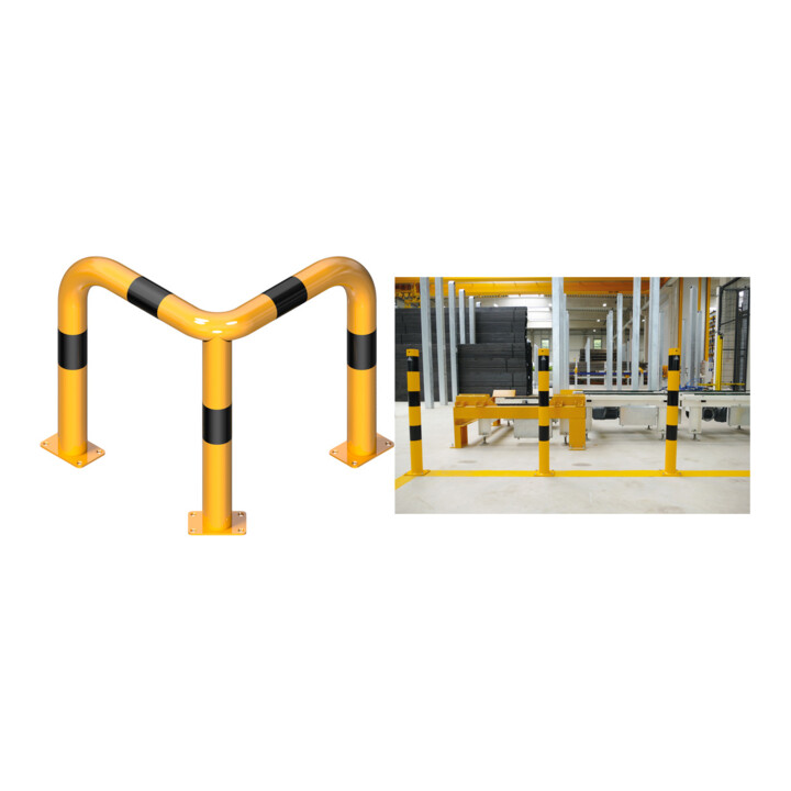 Set Schake Rammschutz, Bügel Stahlrundrohr Ø 60mm, zum Aufdübeln Bodenplatte 100x150 mm gelb pulverbeschichtet + schwarzen Streifen, Breite 400mm, Höhe 115 mm + BefestigungsschraubensatzTyp 1