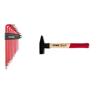 Set STIER Winkelschraubendreher-Satz Torx TX10 - TX50 9-teilig + Schlosserhammer Robust+ 500g mit Stielschutz DIN 1041