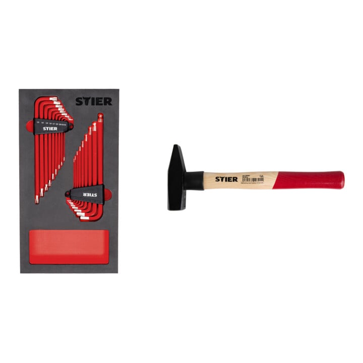 Set STIER Jeu de tournevis d'angle 6 pans/TX 16 pièces en mousse souple (EVA) + Marteau de serrurier Robust+ 500 g avec protection de manche DIN 1041