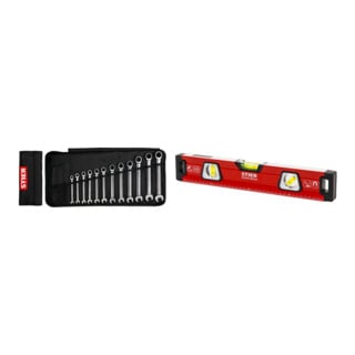 Set Stier Maul-Ringratschenschl fcssel-Satz SW 8 - 19 mm 12-teilig + STIER Premium Wasserwaage mit Magnet und drei Libellen 400 mm  b10,5 mm/m