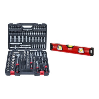 Set Stier Steckschl fcssel-Satz 1/4'' 3/8'' 1/2'' 179-teilig + STIER Premium Wasserwaage mit Magnet und drei Libellen 400 mm  b10,5 mm/m
