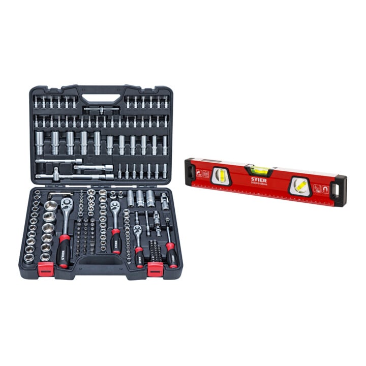 Set Stier Jeu de clés à douille 1/4'' 3/8'' 1/2'' 179 pièces + STIER Niveau à bulle Premium avec aimant et trois fioles 400 mm b10,5 mm/m