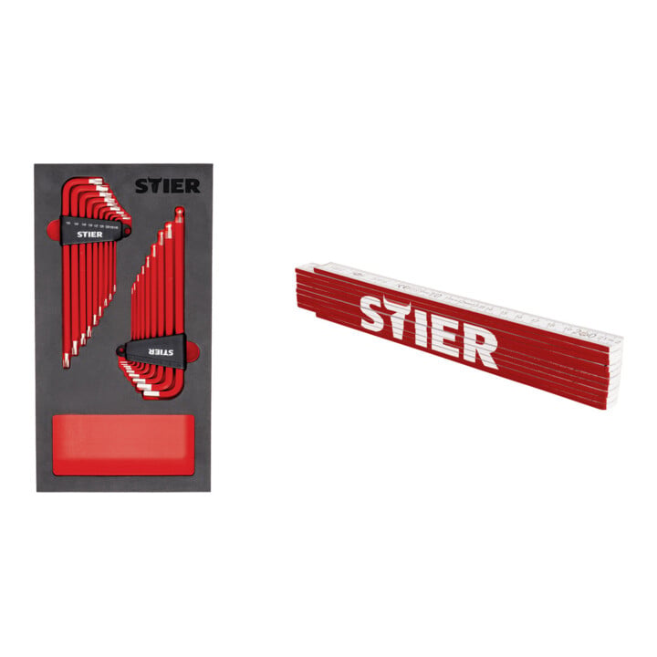 Set STIER Jeu de tournevis d'angle 6 pans/TX 16 pièces en mousse souple (EVA) + Mètre pliant 2 m
