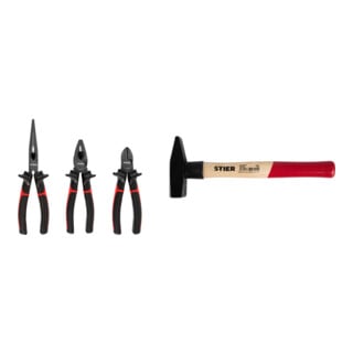 Set STIER Zangensatz Montage+ 3-teilig + STIER Schlosserhammer Robust+ 500g mit Stielschutz DIN 1041