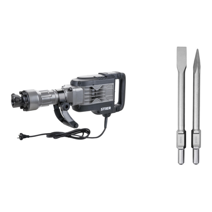 Set STIER Marteau de démolition SAH-2000 1700 W 50 J 2000 coups/min + STIER Burin plat et burin pointu SDS-HEX 410 mm pour marteau de démolition
