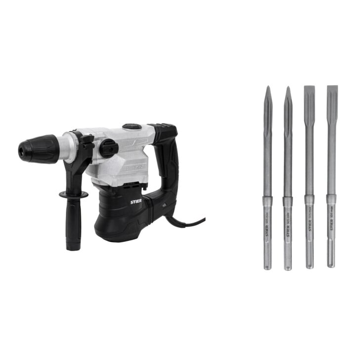 Set STIER Marteau perforateur SDS-Max, 1500W + Set de burins STIER SDS-Max 4 pièces 400 x 25 mm / 400 mm