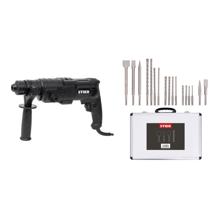 Set STIER Perforateur SDS-Plus, 800W (professionnel) + Jeu de forets et burins, 17 pièces
