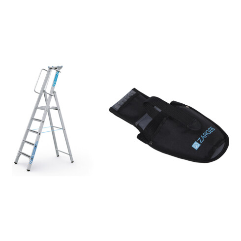 Set Stehleiter mit Sicherheitsplattform, Leiterlänge 2320 mm, 5 Sprossen + Werkzeugtasche für Akkuschrauber