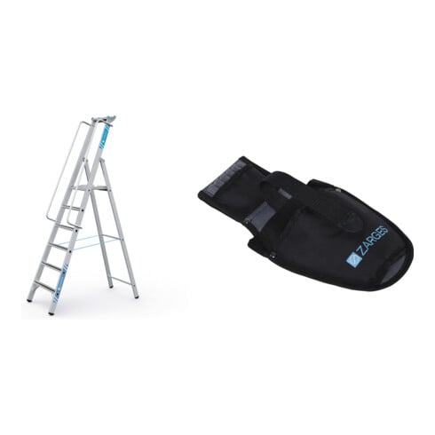 Set Stehleiter mit Sicherheitsplattform, Leiterlänge 2000 mm, 6 Stufen + Werkzeugtasche für Akkuschrauber