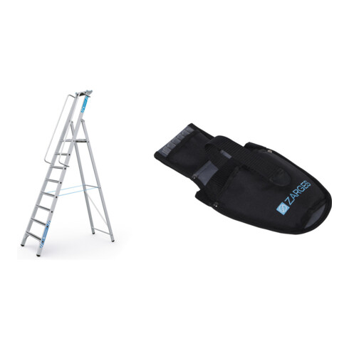 Set Stehleiter mit Sicherheitsplattform Leiterlänge 3160 mm, 8 Stufen + Werkzeugtasche für Akkuschrauber