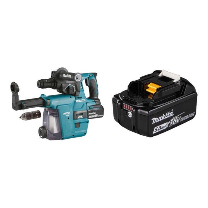Set Makita Marteau combiné sans fil SDS-PLUS 18V/5,0Ah avec aspiration poussière DHR243RTJW + Batterie BL1850B Li 18,0V 5,0Ah
