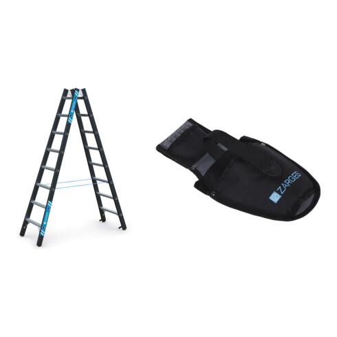 Set Schwerlaststehleiter Z600m. 2x8 Sprossen, AH 3,55m + Werkzeugtasche für Akkuschrauber