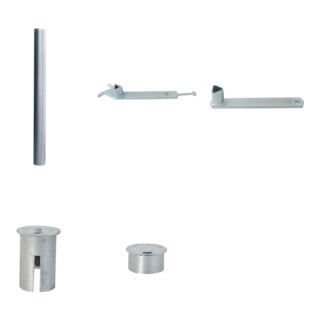 Set Schake Sperrpfosten aus Edelstahl Typ 4272FU, umlegbar-,   76mm + Dreikantverschlu  zum Aufd beln, geschliffen + Dreikantschl sssel M 12, Standard + Grauguss-Univ.-Schl ssel z.Absperrpf. m.Feuerw.-V. + BefestigungsschraubensatzTyp 1 + Bodenh lse zum E