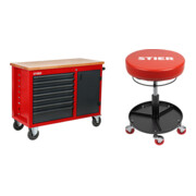 Set STIER Fahrbare Werkbank mit 7 Schubladen und 1 Tür + Arbeits-Sitz für Werkstatt