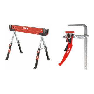 Set STIER Falt-Arbeitsbock Sägebock höhenverstellbar 600kg + Ganzstahl-Hebelzwinge SHZ 160/60
