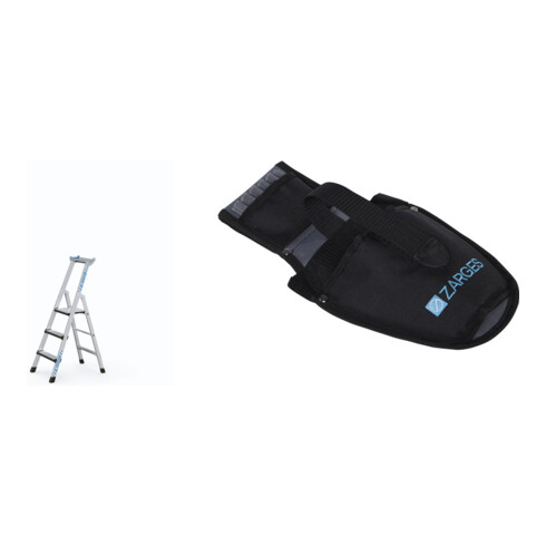 Set Stufen-Stehleiter mit Sicherheitsbrücke, 3 Stufen + Werkzeugtasche für Akkuschrauber