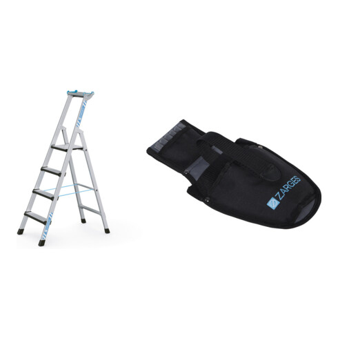 Set Stufen-Stehleiter mit Sicherheitsbrücke, 4 Stufen + Werkzeugtasche für Akkuschrauber