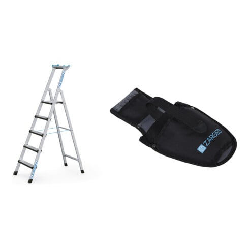 Set Stehleiter mit Sicherheitsbrücke, 5 Stufen + Werkzeugtasche für Akkuschrauber