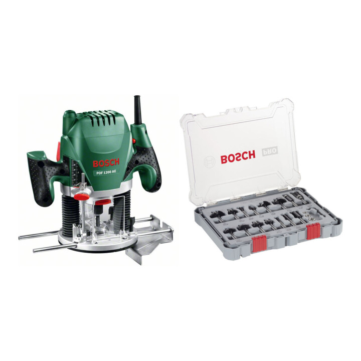 Set Bosch Oberfräse Holzfräse POF 1200 AE + Fräser-Set 8-mm-Schaft 15-teilig