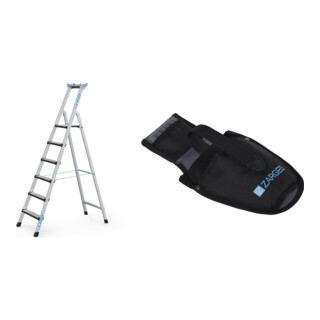 Set Stehleiter mit Sicherheitsbrücke, 6 Stufen + Werkzeugtasche für Akkuschrauber