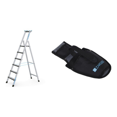 Set Stehleiter mit Sicherheitsbrücke, 6 Stufen + Werkzeugtasche für Akkuschrauber
