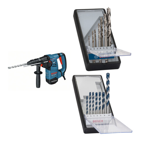 Set Bosch Bohrhammer mit SDS-plus GBH 3-28 DFR + 7tlg. Robust Line Holzspiralbohrer-Set + 7tlg. Robust Line Betonbohrer-Set