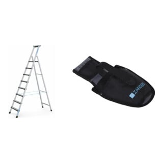 Set Stehleiter mit Sicherheitsbrücke, 8 Stufen + Werkzeugtasche für Akkuschrauber