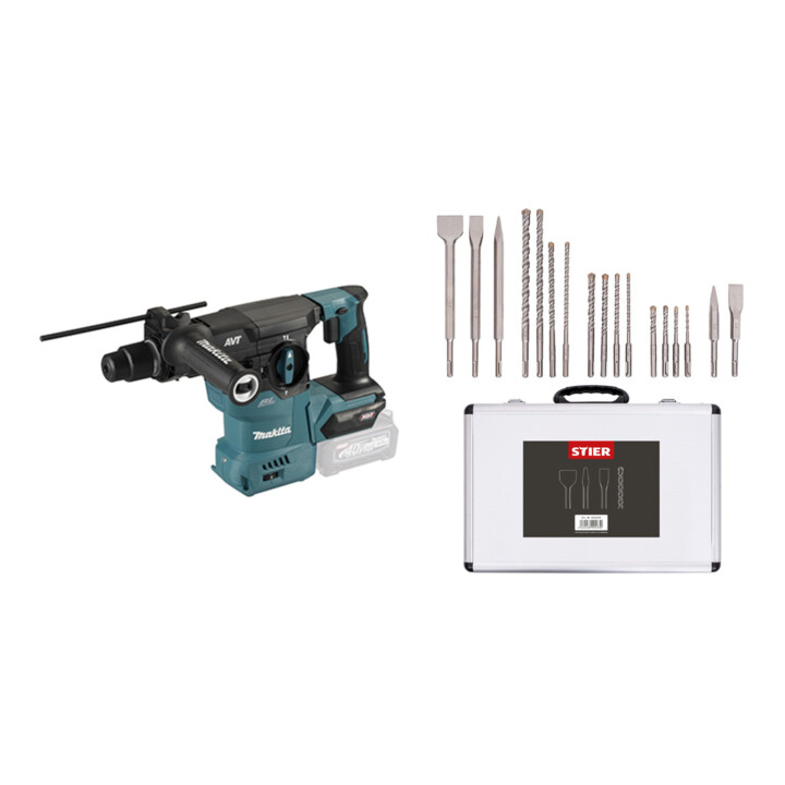 Set Makita Akku-Kombihammer SDS-PLUS 40V max. + Stier SDS-Plus Bohrer & Meißelsatz, 17-teilig