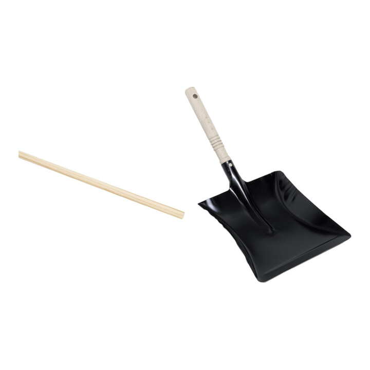 Set Manche de balai en bois 24 mm 160 cm, tête ronde + Pelle à poussière métal noir 22 cm large