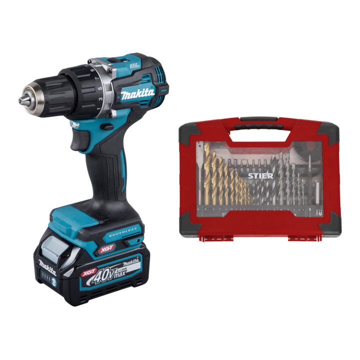 Set Makita Akku-Bohrschrauber 40V DF002GA202 + STIER TiN-Bohrer-, Säge- und Bit-Set 100-teilig