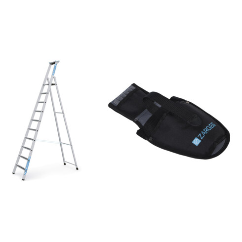 Set ZARGES Saferstep S - LM-Stufen-Stehleiter 10 Stufen + Werkzeugtasche für Akkuschrauber