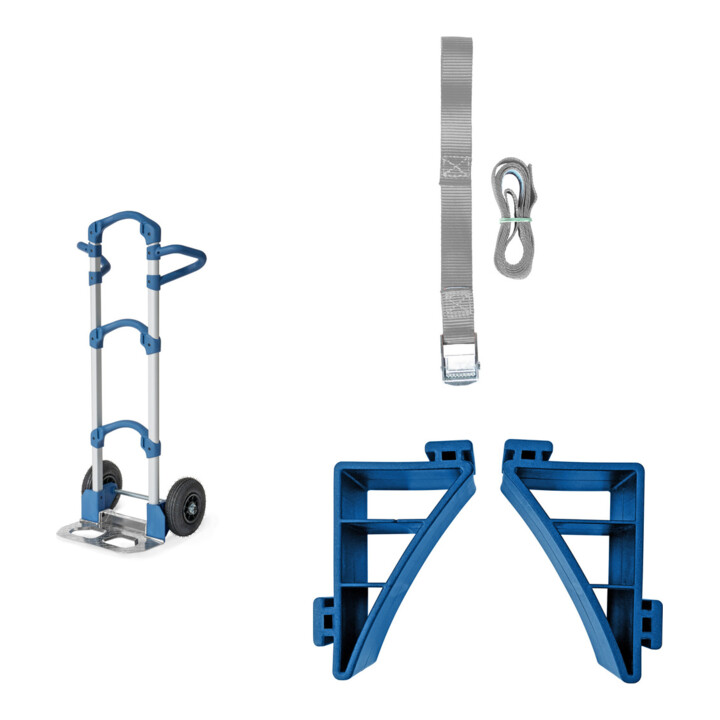 Set fetra Alu-Kompaktkarre "Wuppi" + Haltehörner für rundes Ladegut + Zurrgurt