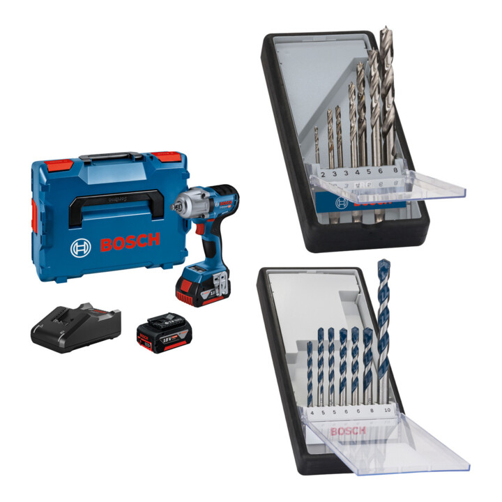 Set Bosch Akku-Drehschlagschrauber GDS 18V-450 HC + 7tlg. Robust Line Holzspiralbohrer-Set + 7tlg. Robust Line Betonbohrer-Set