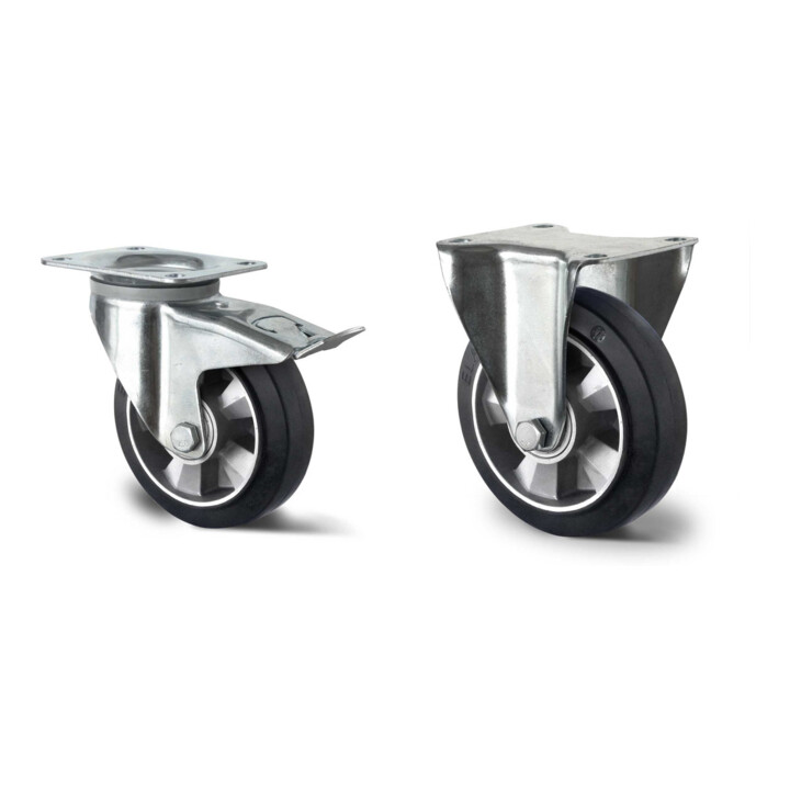 Set CASCOO Lenkrolle mit Totalfeststeller ø 160 mm Serie BAF4 Doppelkugellager + Bockrolle ø 160 mm Serie BAF4 Doppelkugellager