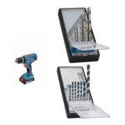 Set Bosch Akku-Bohrschrauber GSR 18V-21 mit 2 x 2,0 Ah Li-Ion Akku L-BOXX + 7tlg. Robust Line Holzspiralbohrer-Set + 7tlg. Robust Line Betonbohrer-Set CYL-5