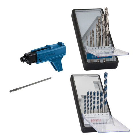 Set Bosch Magazinaufsatz für Trockenbauschrauber GMA 55 + 7tlg. Robust Line Holzspiralbohrer-Set + 7tlg. Robust Line Betonbohrer-Set CYL-5