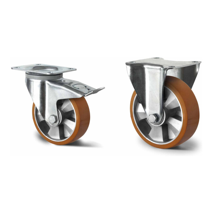 Set CASCOO Lenkrolle mit Totalfeststeller ø 200 mm Serie BAU5 Doppelkugellager E-Serie + Bockrolle ø 200 mm Serie BAU5 Doppelkugellager