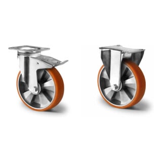 Set CASCOO Lenkrolle ø 125 mm Serie BAU5 Doppelkugellager E-Serie + Lenkrolle mit Totalfeststeller ø 125 mm Serie BAU5 Doppelkugellager E-Serie