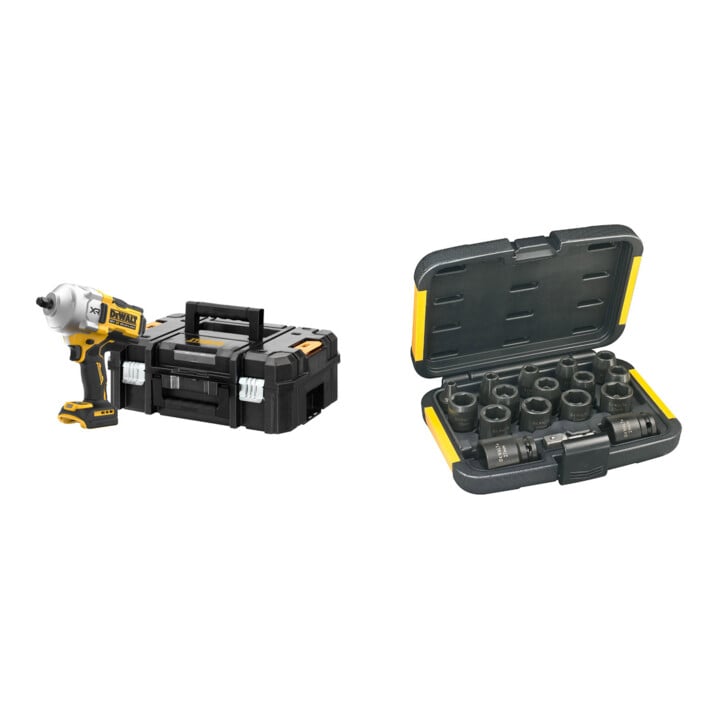 Set DeWalt Akku-Schlagschrauber 1/2 Zoll, 18 V Basisversion + Steckschluessel-Set 17-tlg. schlagf. - DT7506-QZ